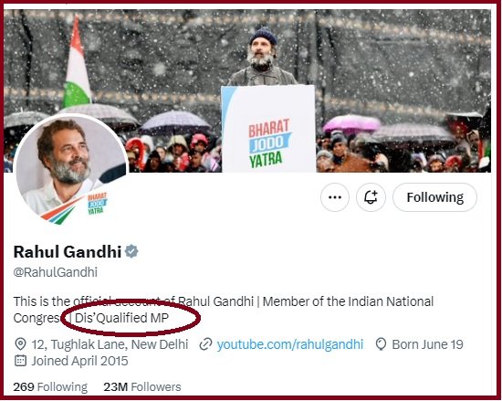 संसद से सदस्यता खत्म होने के बाद चर्चा में राहुल गांधी, Twitter Bio में किया बदलाव !